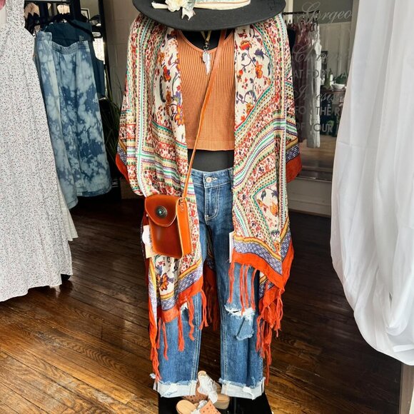 Gorgeous Boho Festival Style Gypsy Hippie Long Kimono Paisley Fringe NWT NEW - Picture 1 of 15